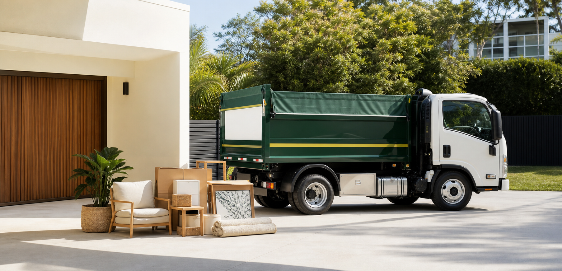 Clean waste removal truck parked beside neatly prepared household items